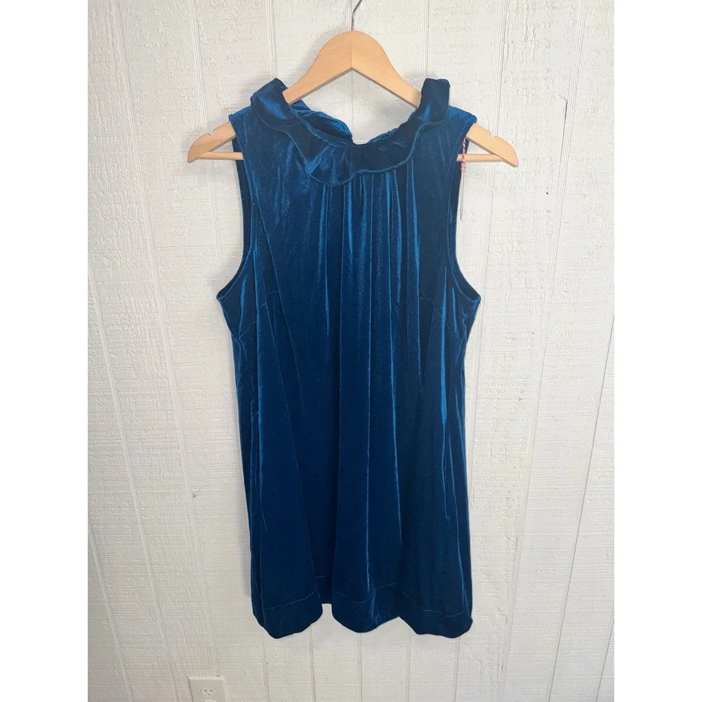 Umgee Velvet Shift Dress Womens Teal Blue Ruffle Tie Neck Sleeveless L